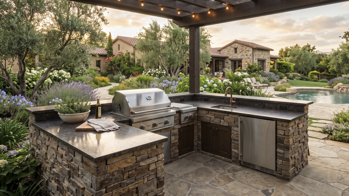 Outdoor kitchen and living space adjacent to a pool