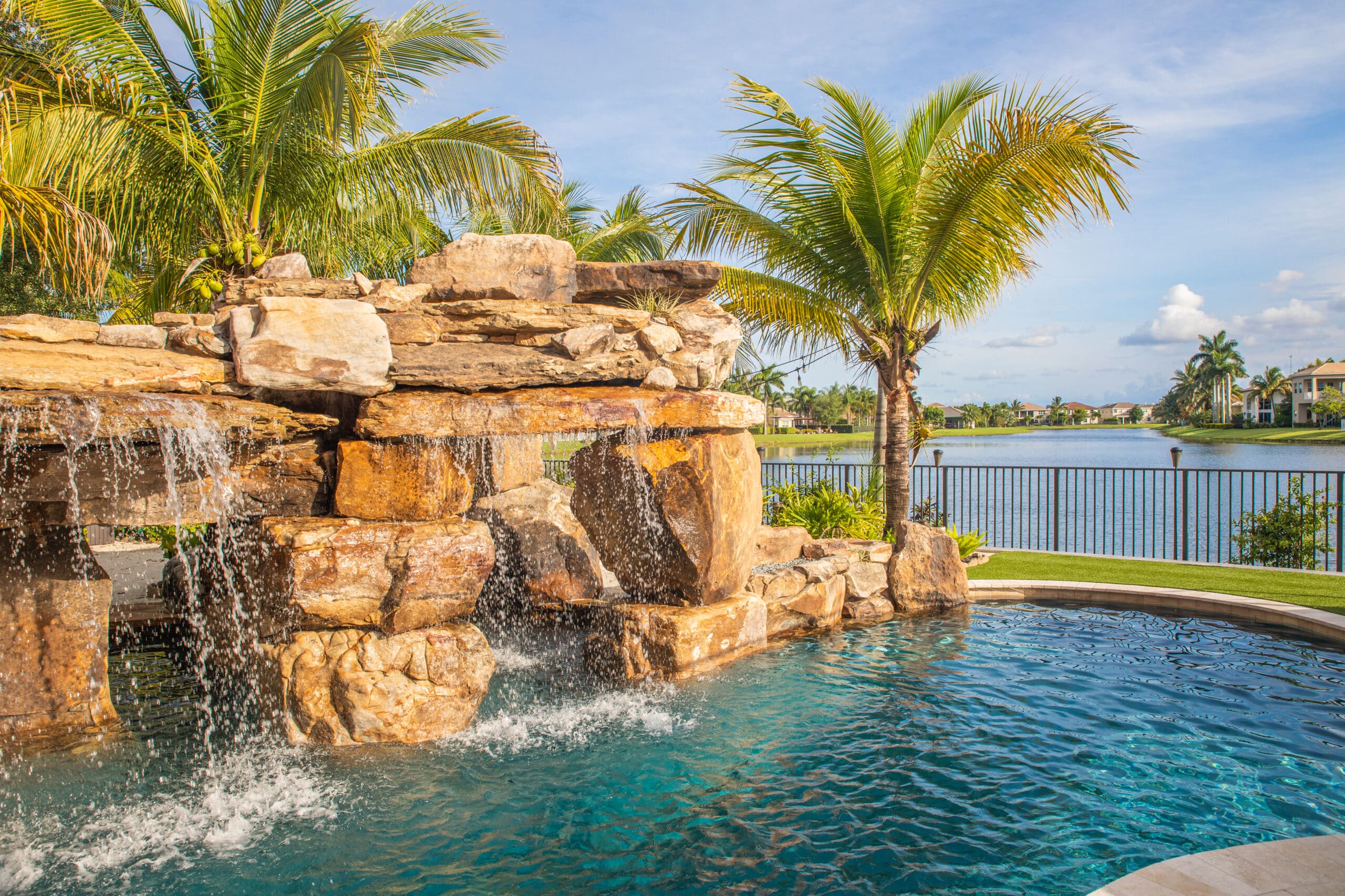 Waterfall and grotto feature in a luxury pool