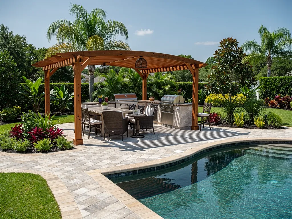 Elegant paver patio and stone structure in a lush backyard